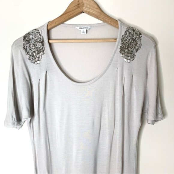 Calvin Klein Women's Embellished Shoulder T-Shirt Short Sleeve Oversized Grey - Picture 6 of 14